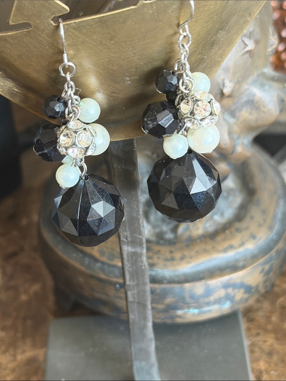 Elegant Black Faceted Drop Earrings with White pearls and crystal balls pierced